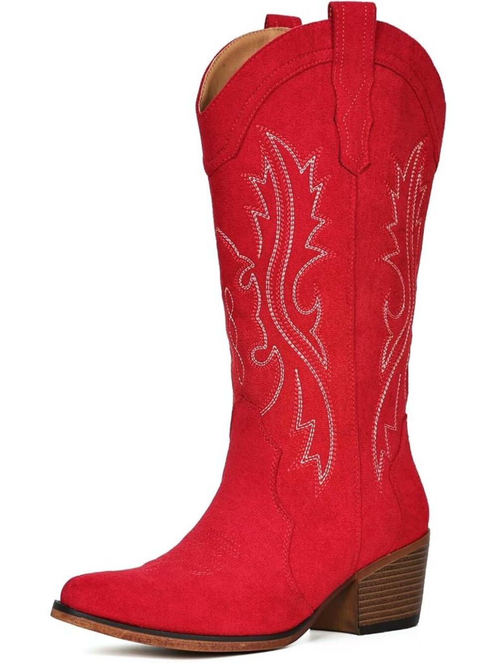 Women’s Red Western Cowboy Boots Mid-Calf Chunky Heel Snip Toe Low Instep - Picture 4 of 6